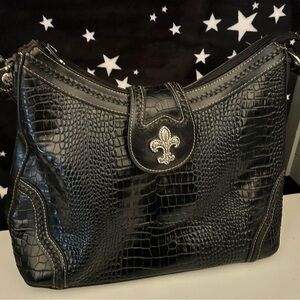 Black Croc-Embossed Shoulder Bag